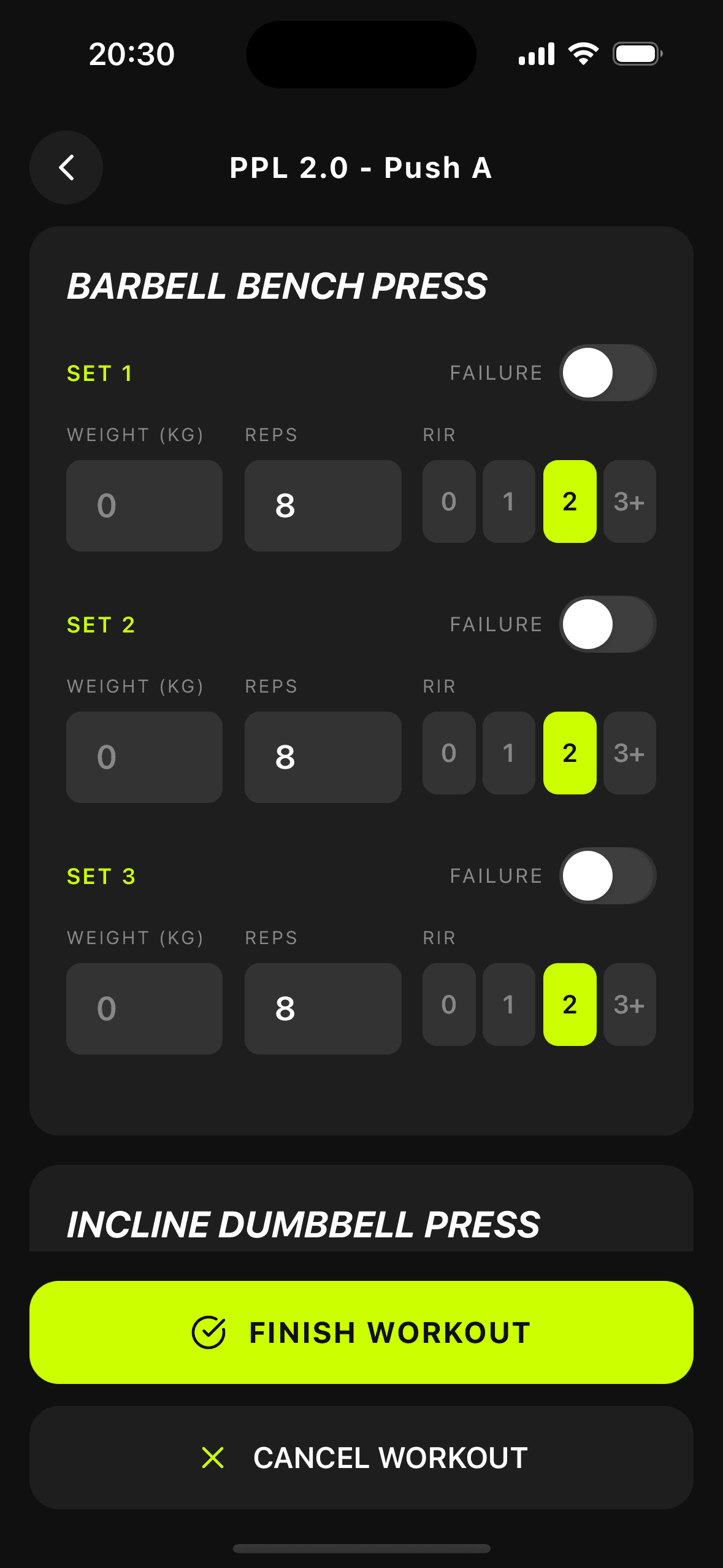 Trophi workout logger screen showing set tracking with weight, reps, and RIR